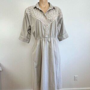 Vintage Piaf Women’s Medium Embroidered Cottagecore Button down Midi Dress Lace